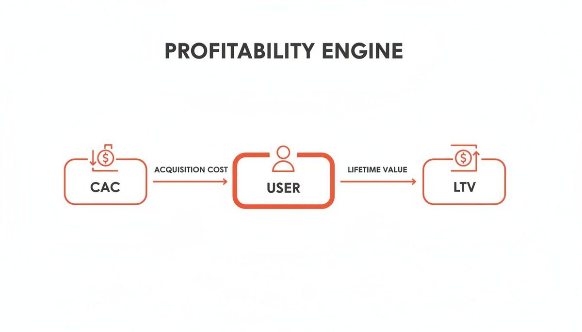 Diagram illustrating the Profitability Engine with Customer Acquisition Cost (CAC), User, and Lifetime Value (LTV).