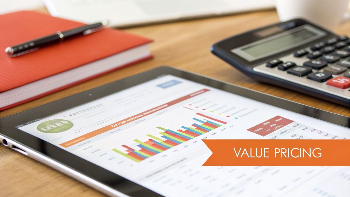 A tablet displaying financial charts on a wooden desk with a calculator and notebook.