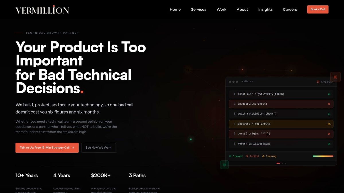 Vermillion's Technical Health Check process, a core part of their offering for mobile app development agencies.