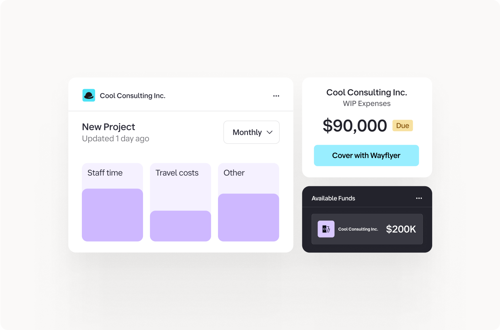 Dashboard showing Cool Consulting Inc.'s financial overview. Includes project costs, $90,000 due, and $200K in funds, with options to cover expenses.