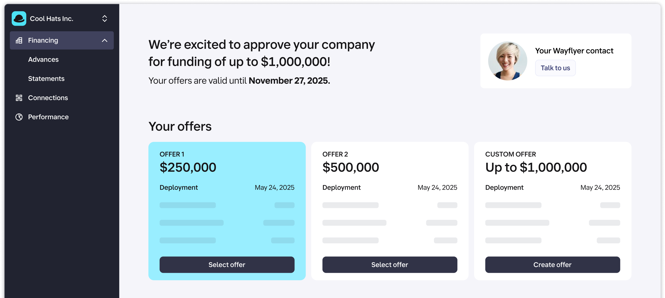 Screen with offers from Wayflyer up to $1,000,000.
