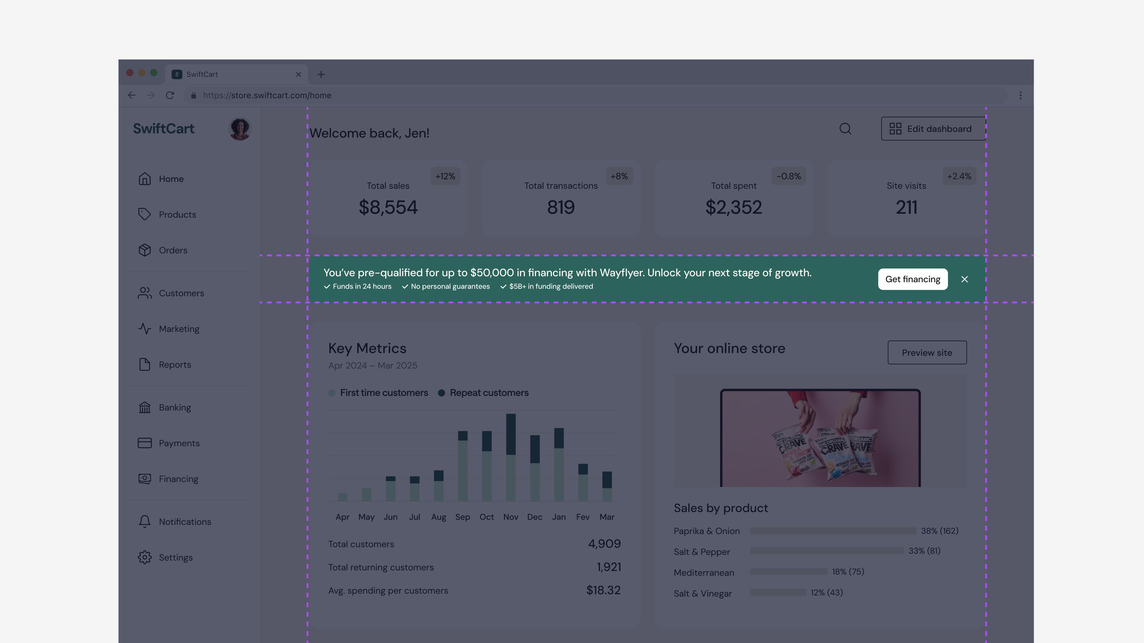Design of the financing banner in a mock dashboard
