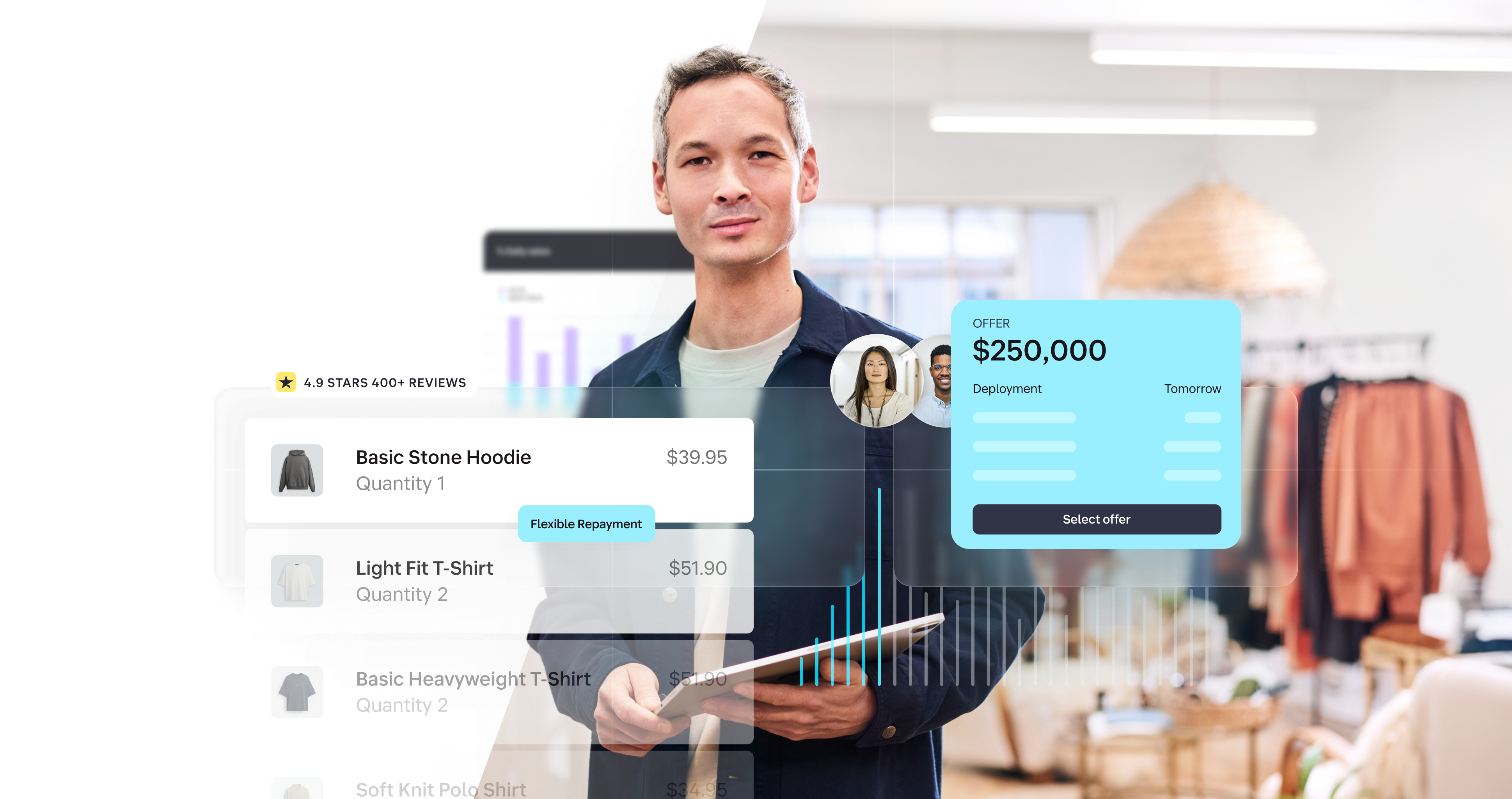 Retail business owner with 4.9-star rated products (Basic Stone Hoodie $39.95, Light Fit T-Shirt $51.90) viewing $1,000,000 Wayflyer financing offer with flexible repayment and deployment tomorrow option.