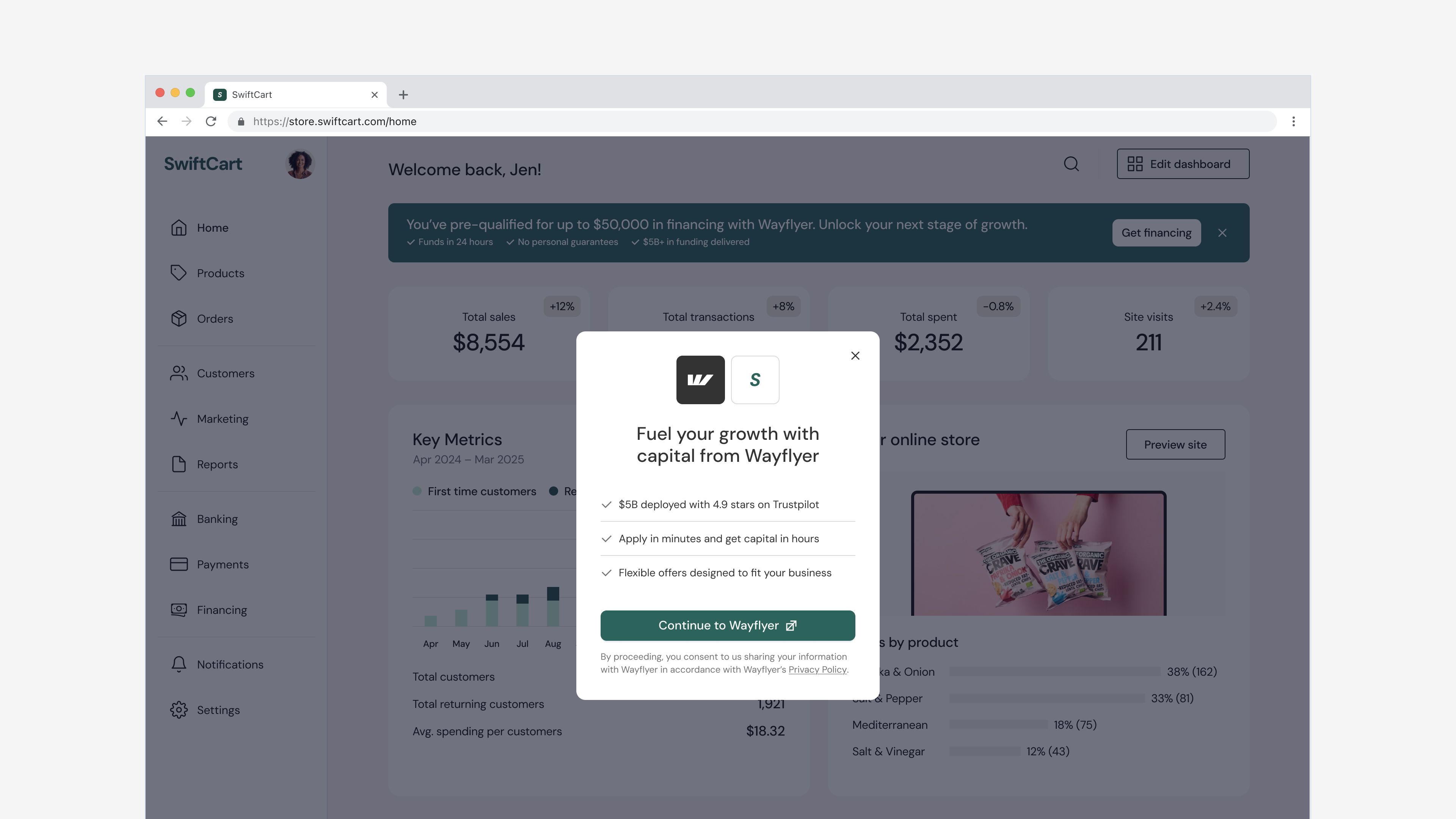Design of the financing banner in a mock dashboard