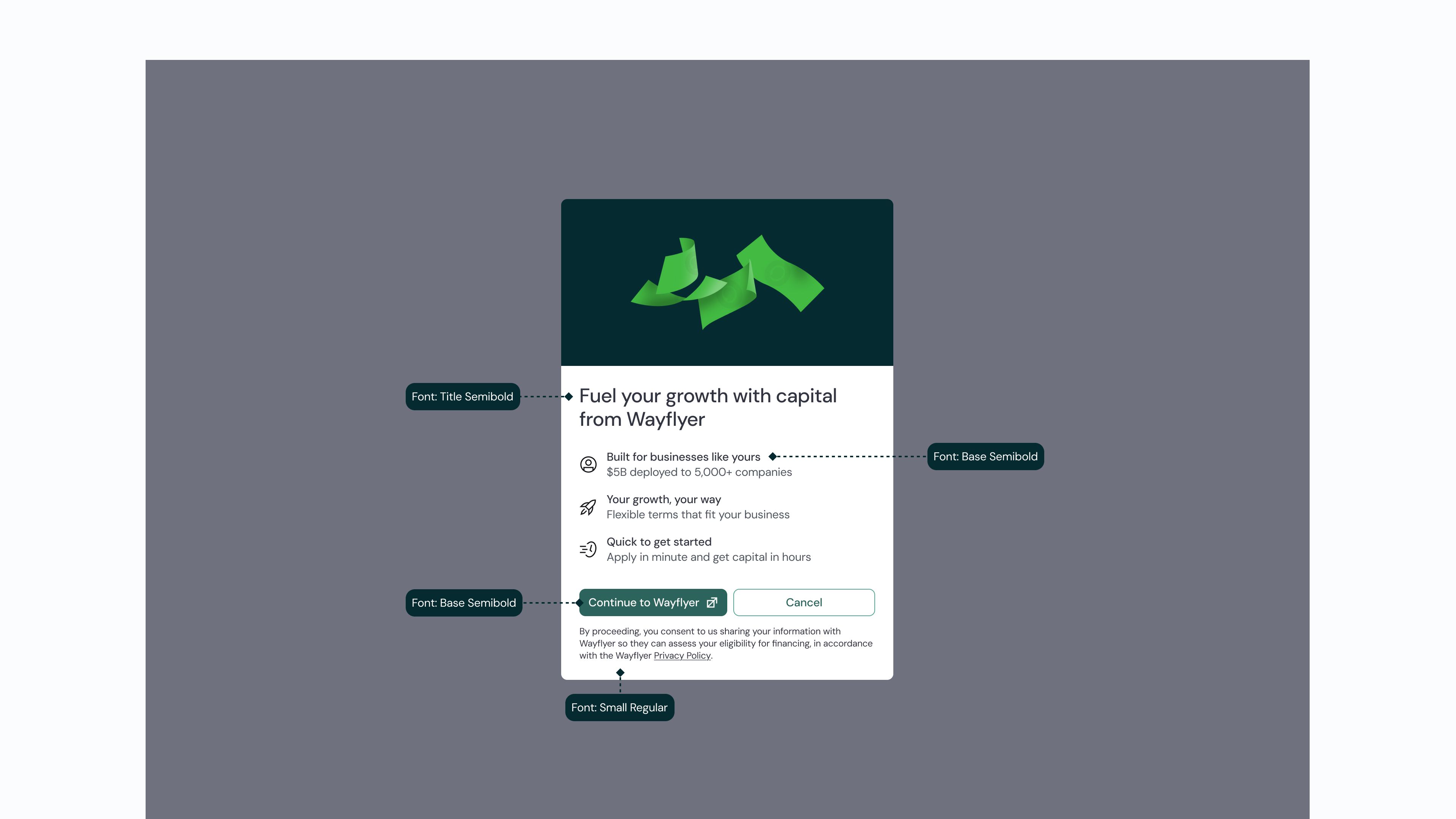 Design of the financing banner in a mock dashboard