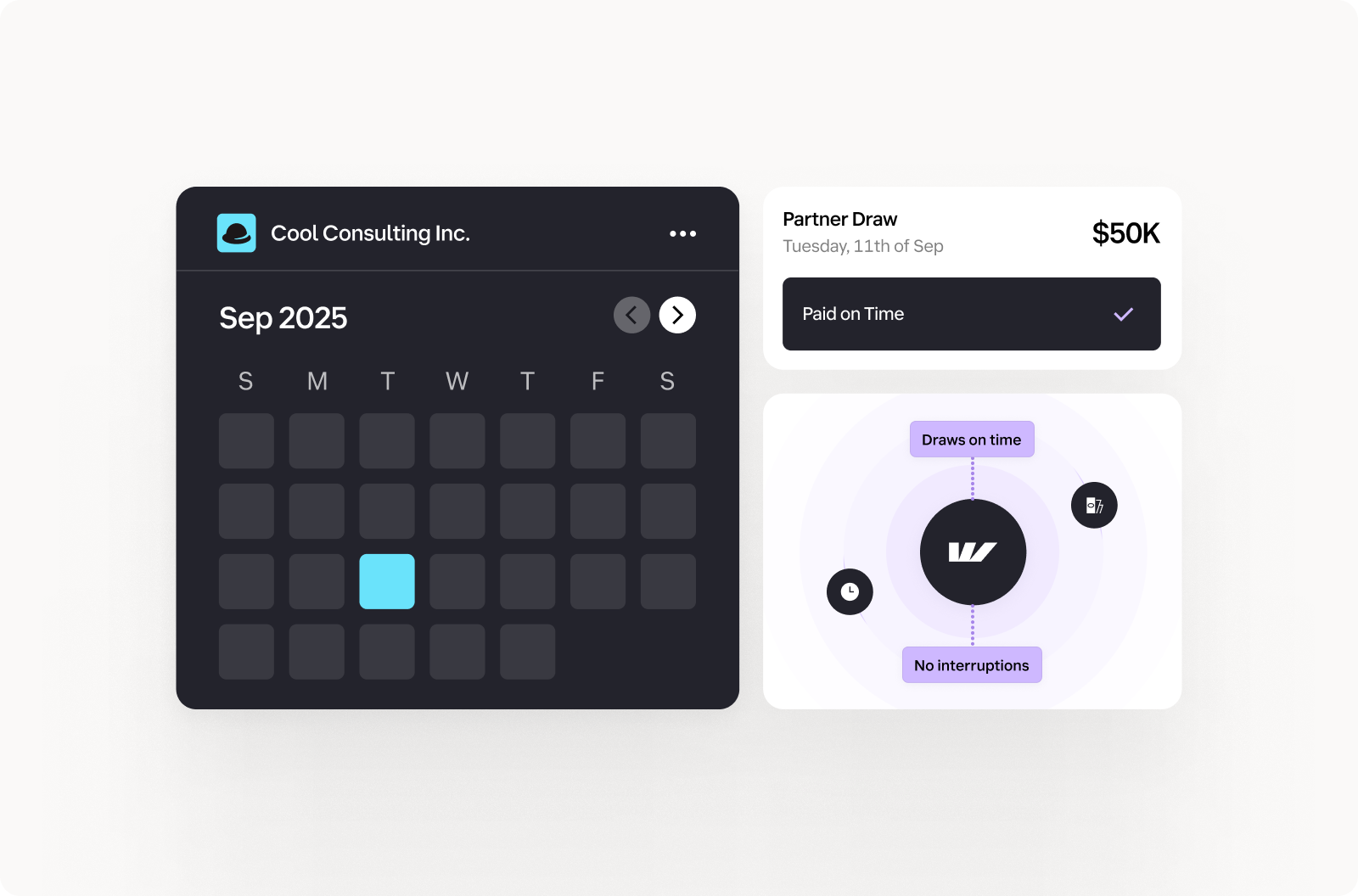 A digital calendar for September 2025 from Cool Consulting Inc. shows a highlighted date. A sidebar notes a $50K partner draw on September 11th, marked "Paid on Time."