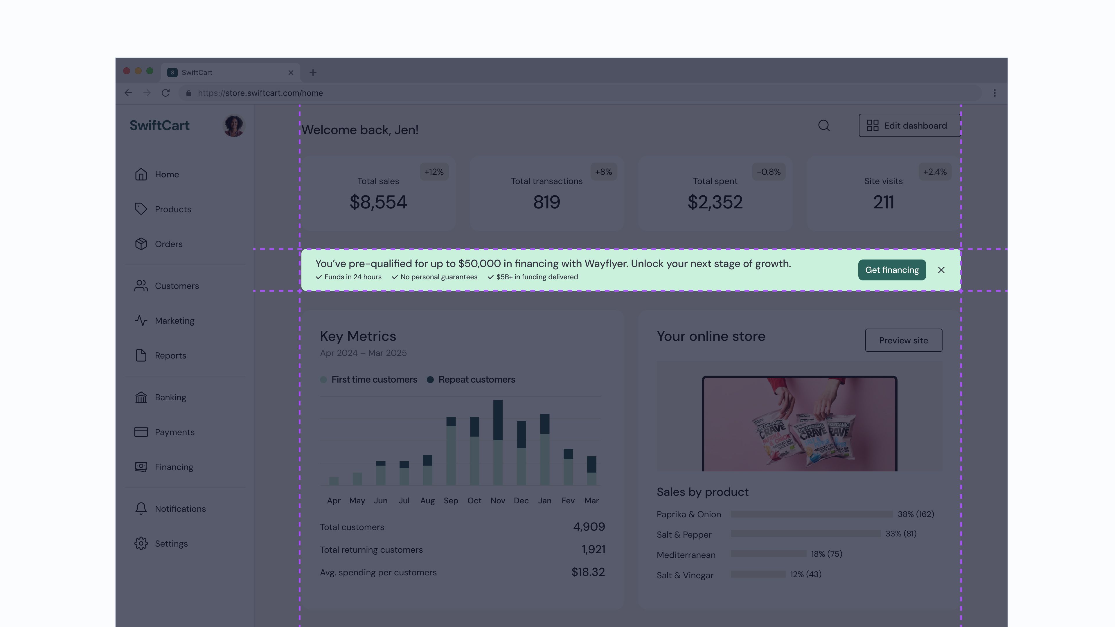 Design of the financing banner in a mock dashboard