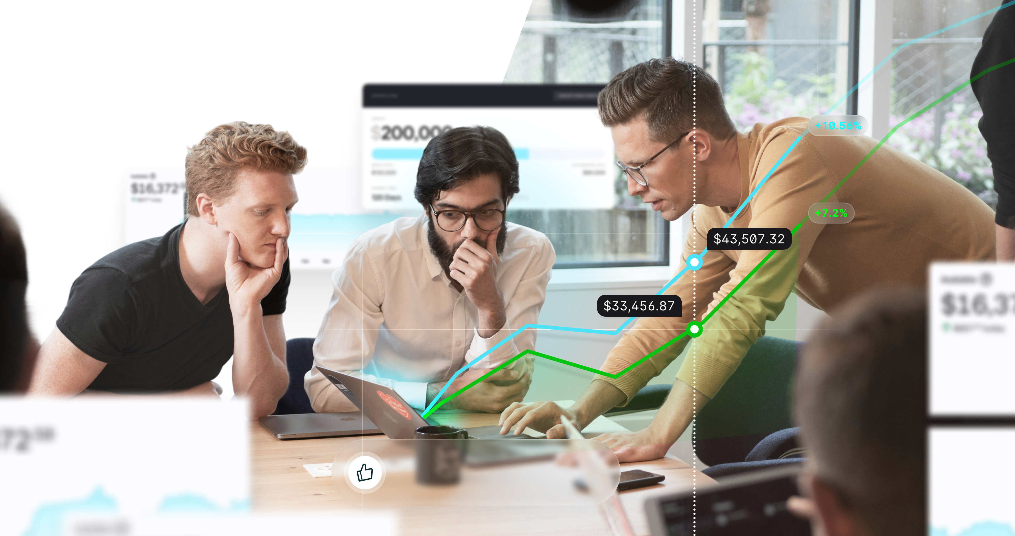A group of three men intensely analyzing data on a laptop at a desk, overlaid with graphs and numbers, conveying a focused, collaborative work environment.