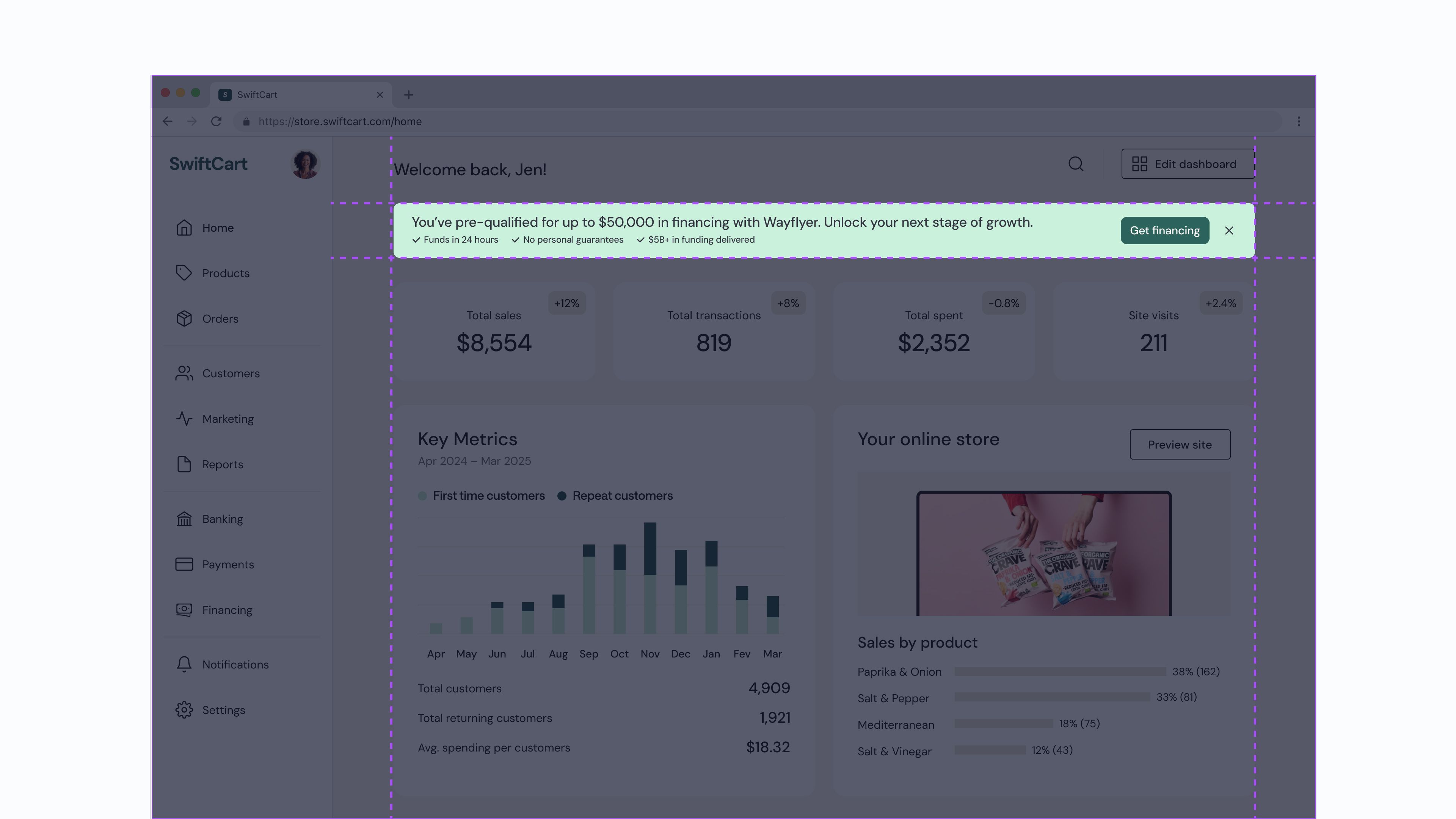 Design of the financing banner in a mock dashboard