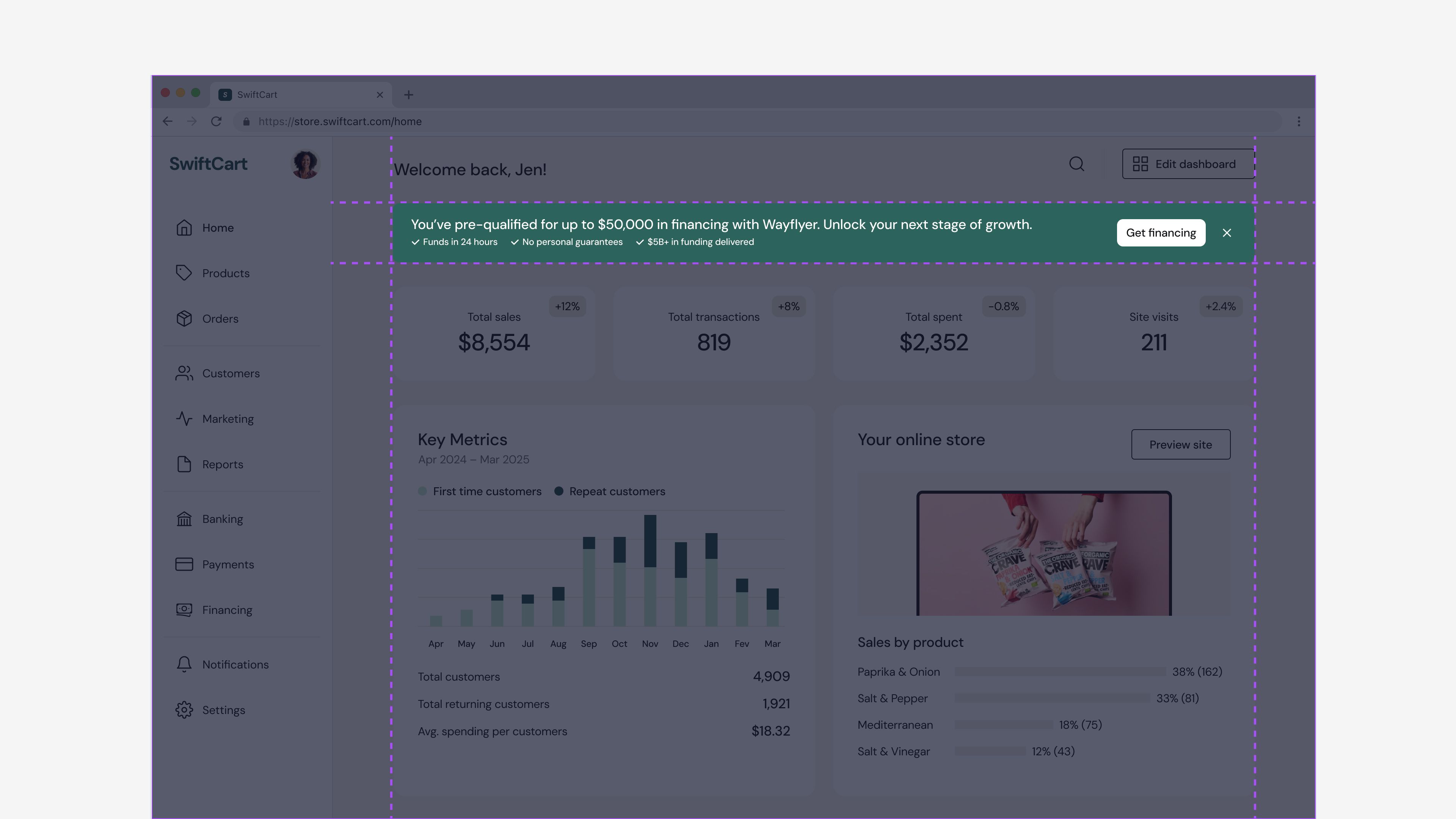 Design of the financing banner in a mock dashboard
