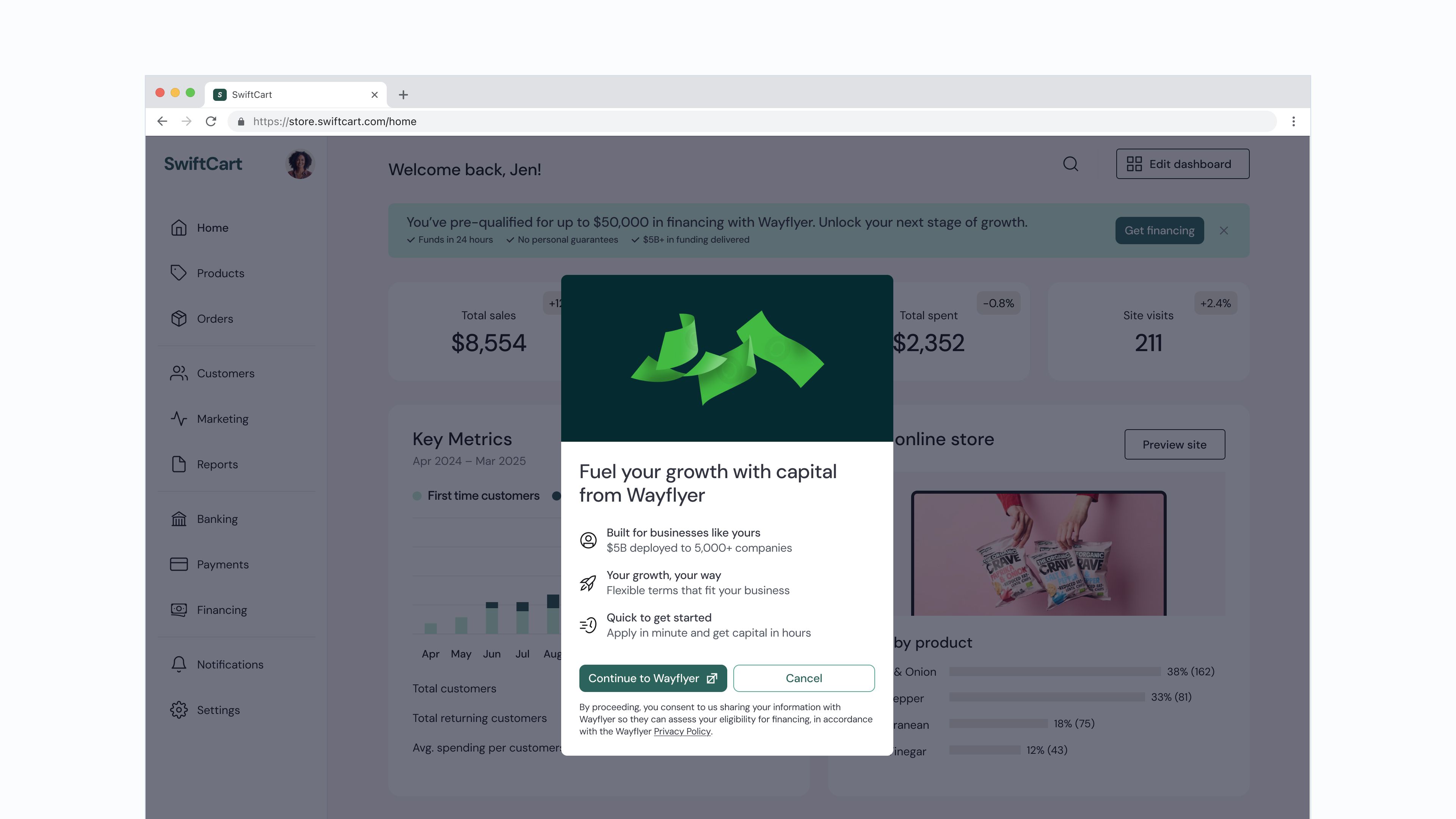 Design of the financing banner in a mock dashboard