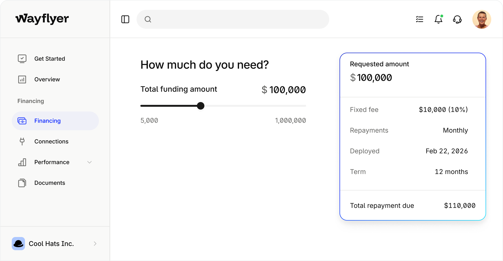 Wayflyer platform dashboard