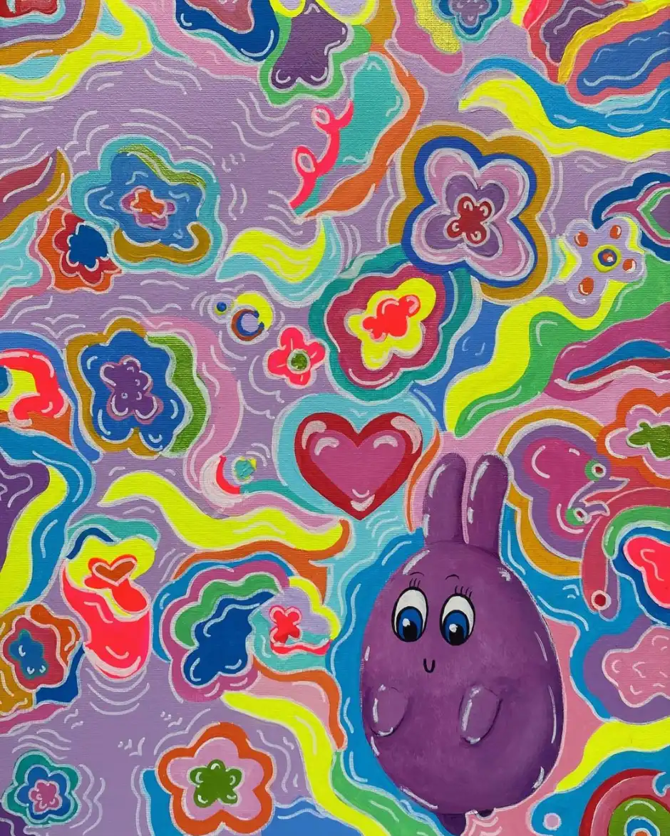 Multi-colored abstract pattern painting with a cartoon character
