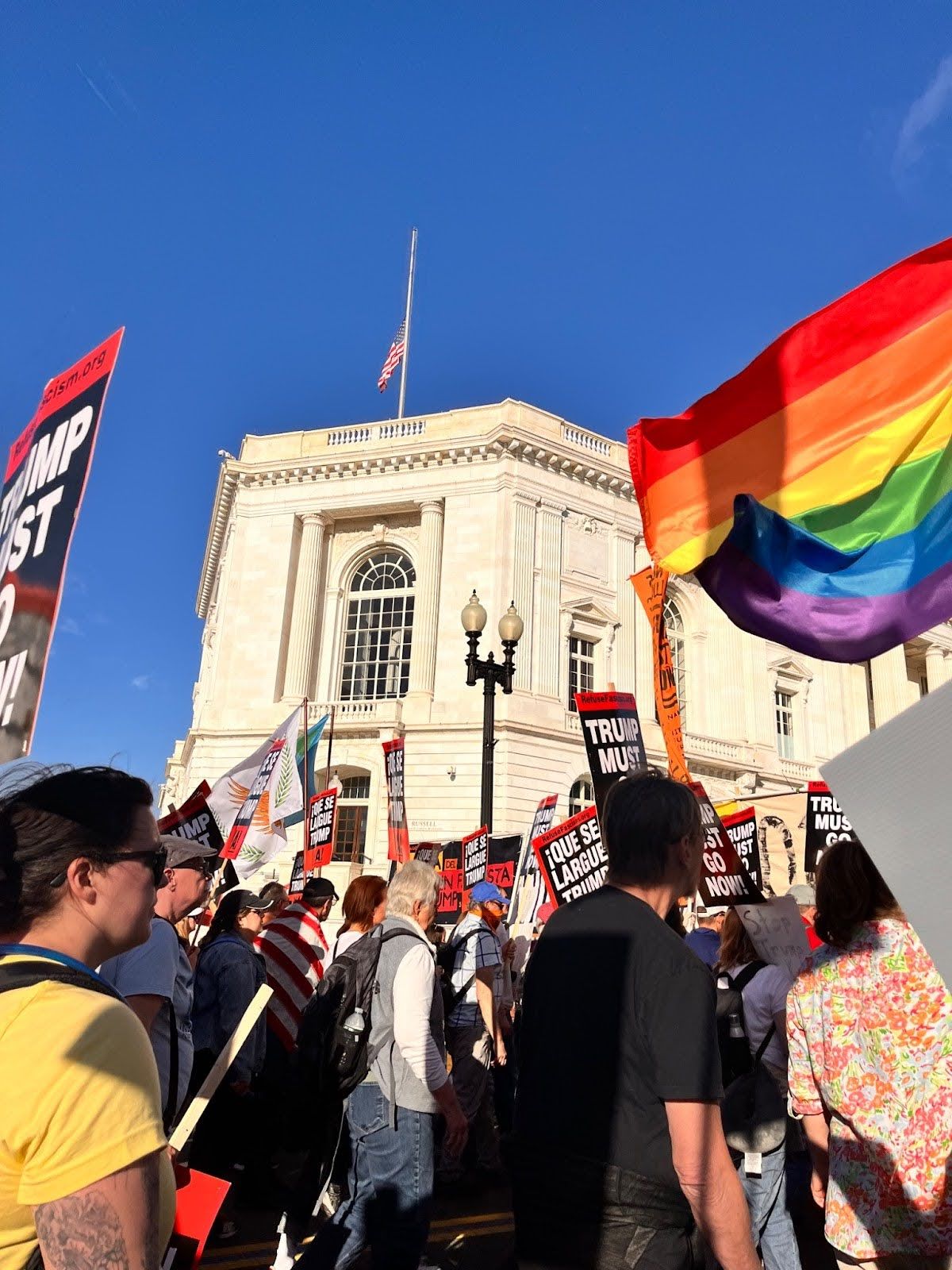 People protesting and carrying flags