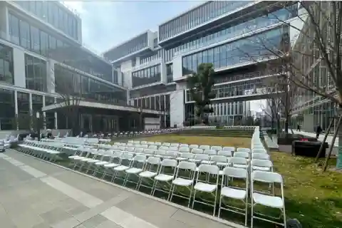 Chairs on a patch of grass.