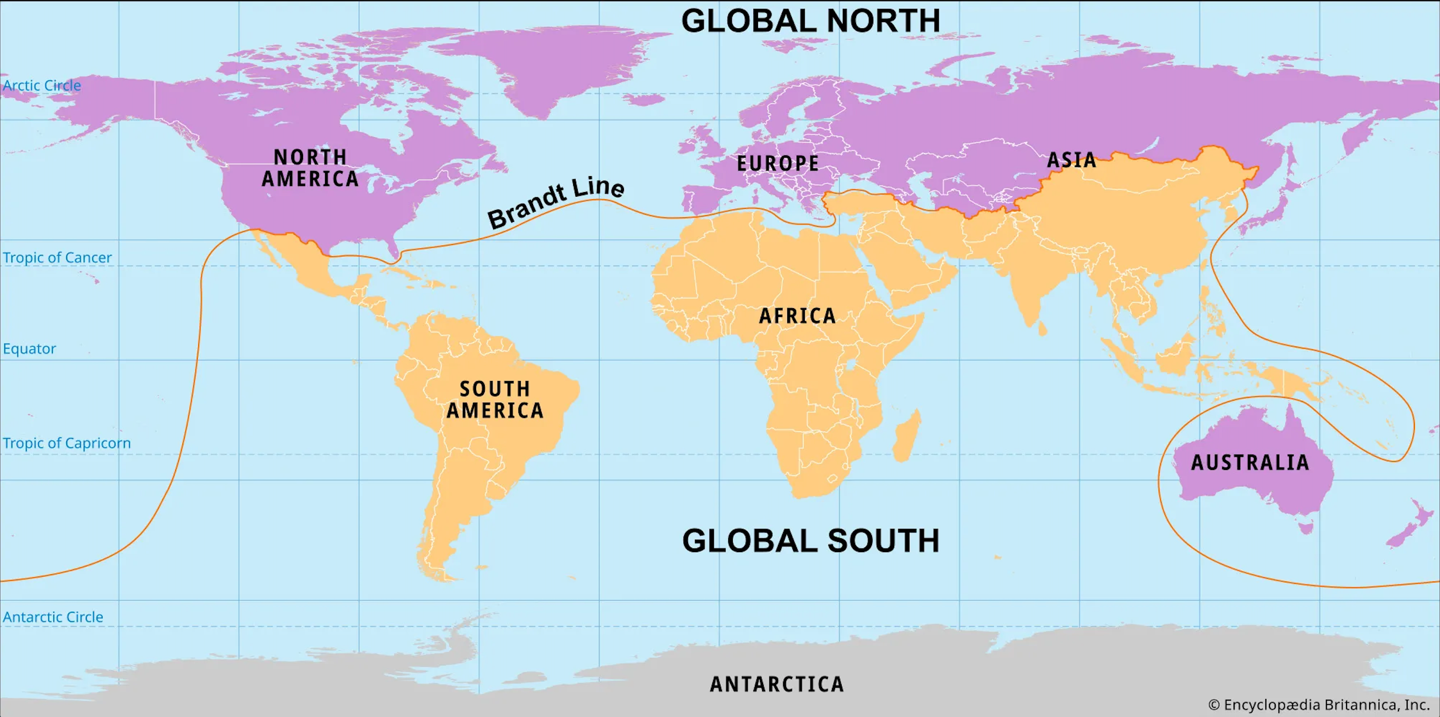 World map demarcating the global north and the global south.