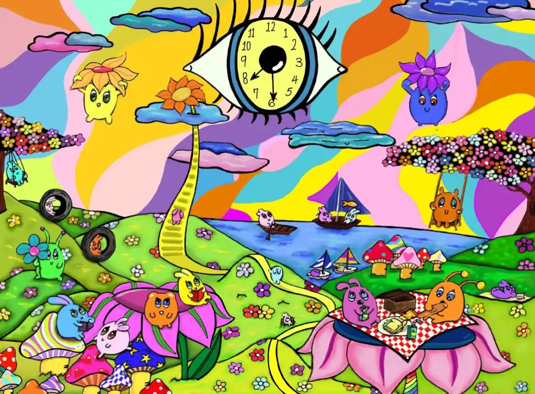 A vibrant painting depicting a hallucinogenic scene