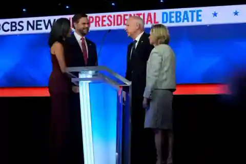 2024 vice president nominees greet each other at the debate stage