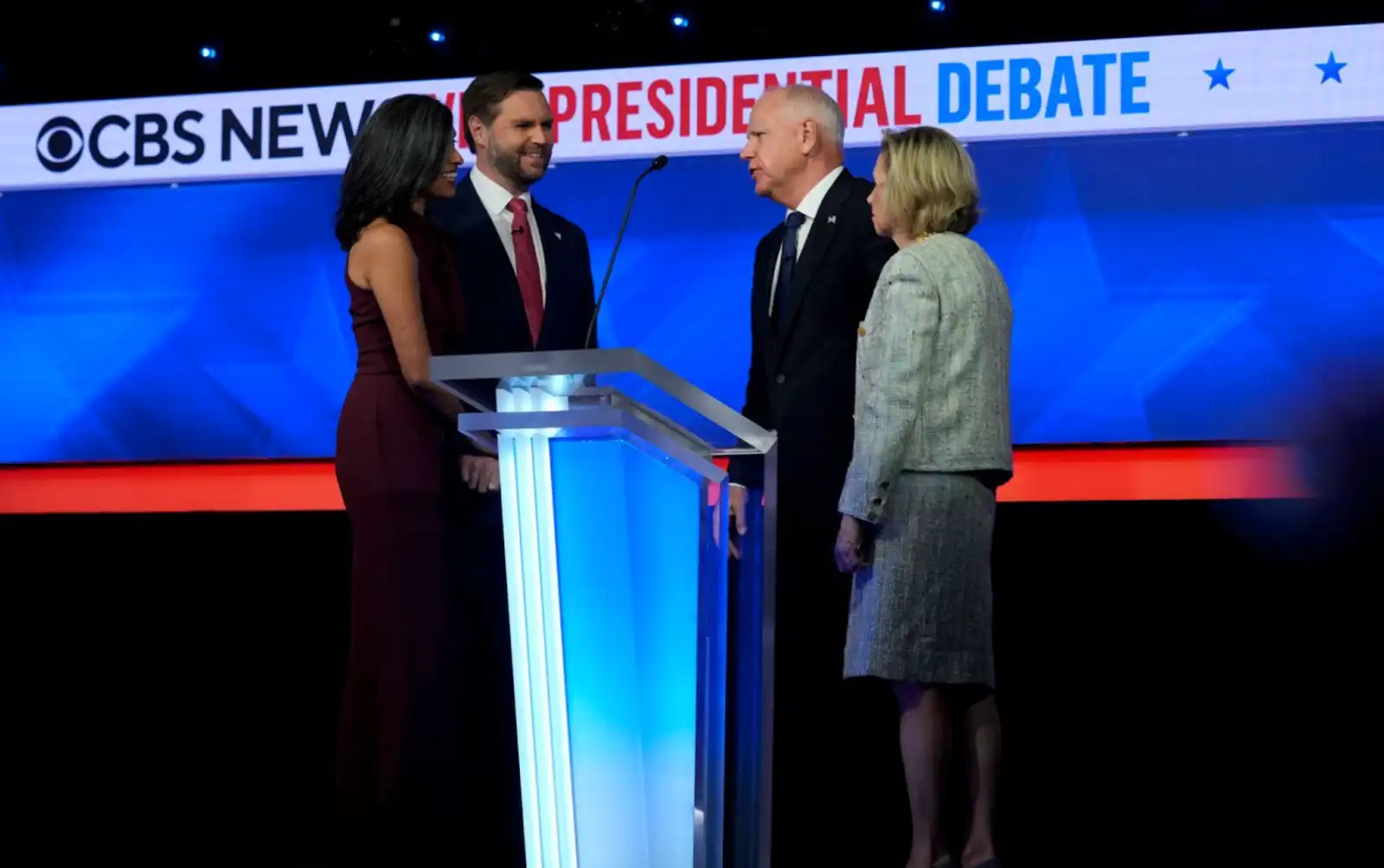 2024 vice president nominees greet each other at the debate stage