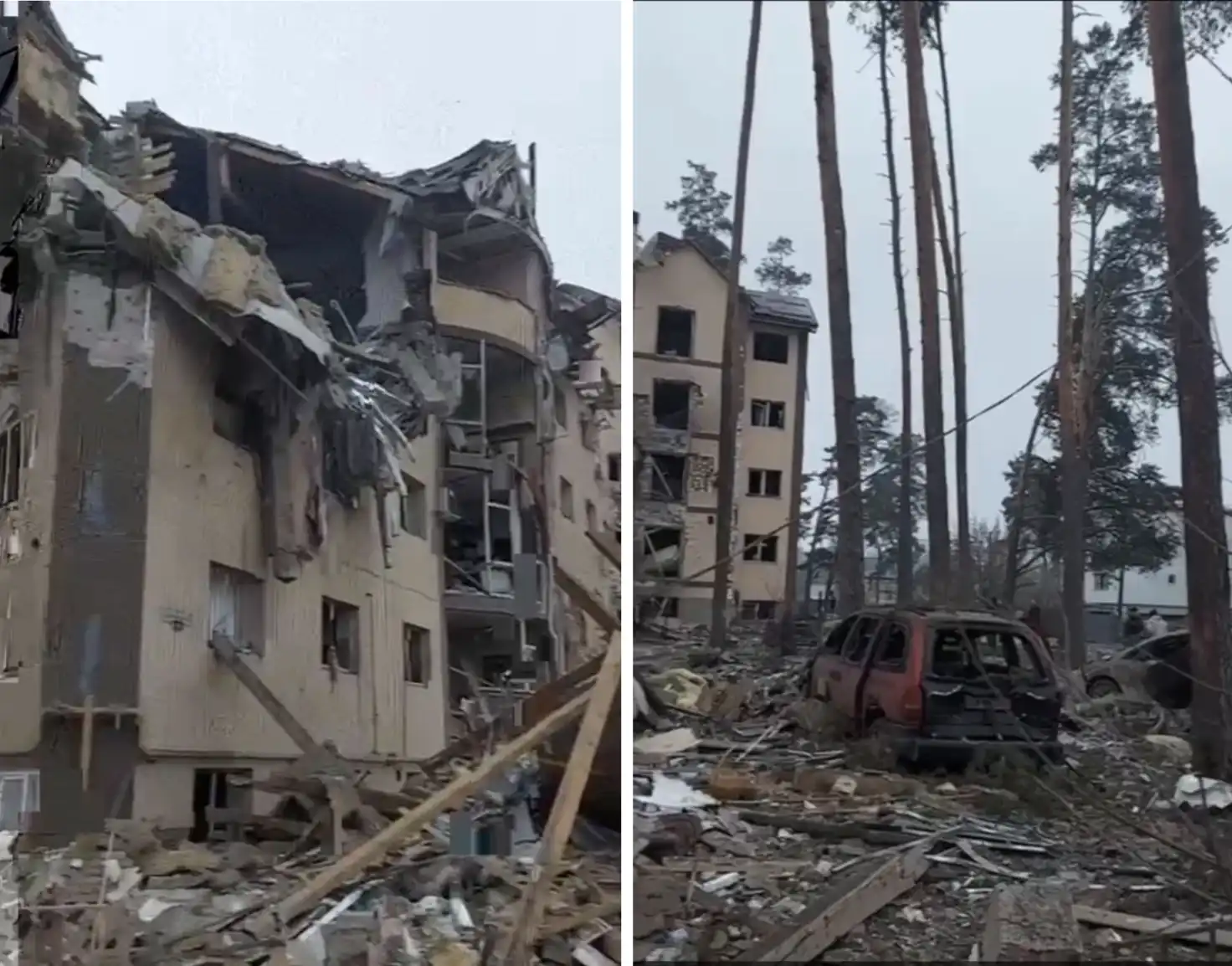 Destroyed buildings and car