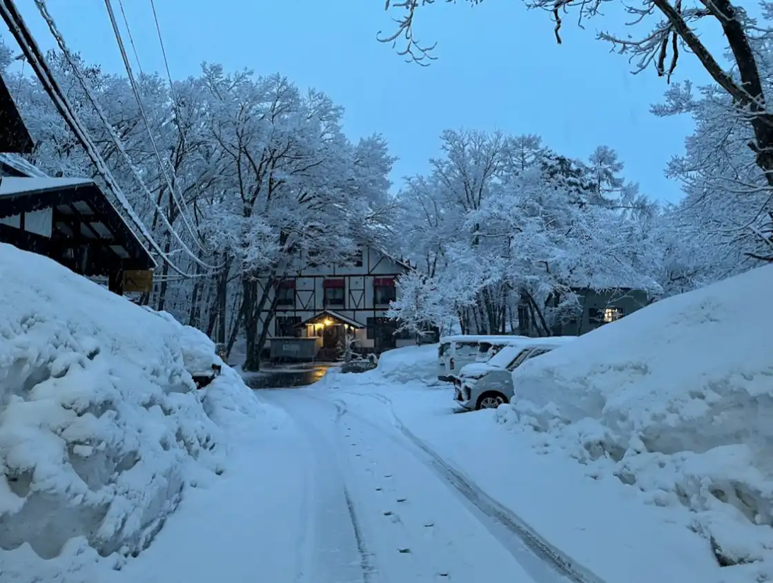 snow covered cabin