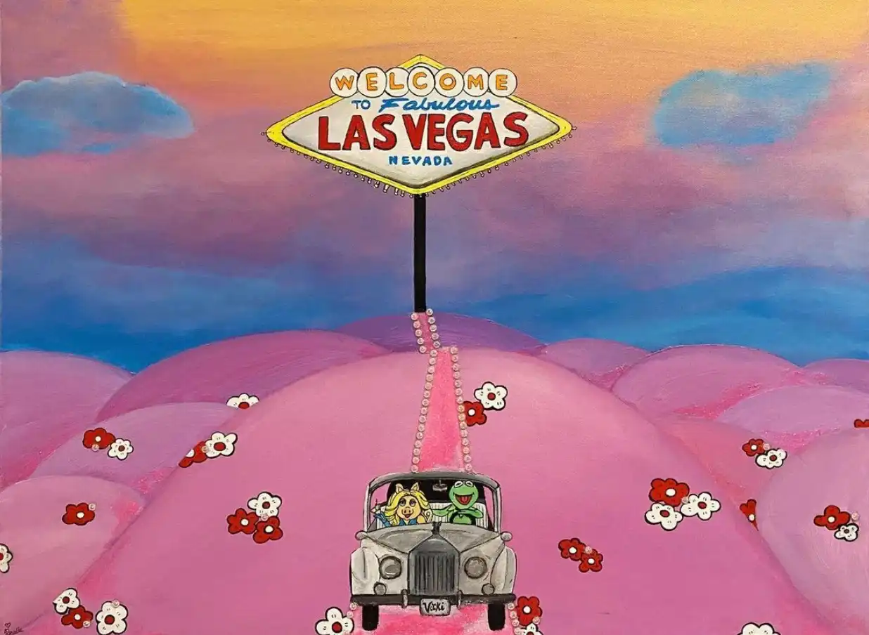 Painting of Kermit the frog and Miss Piggy in a car driving away from a Las Vegas welcome sign