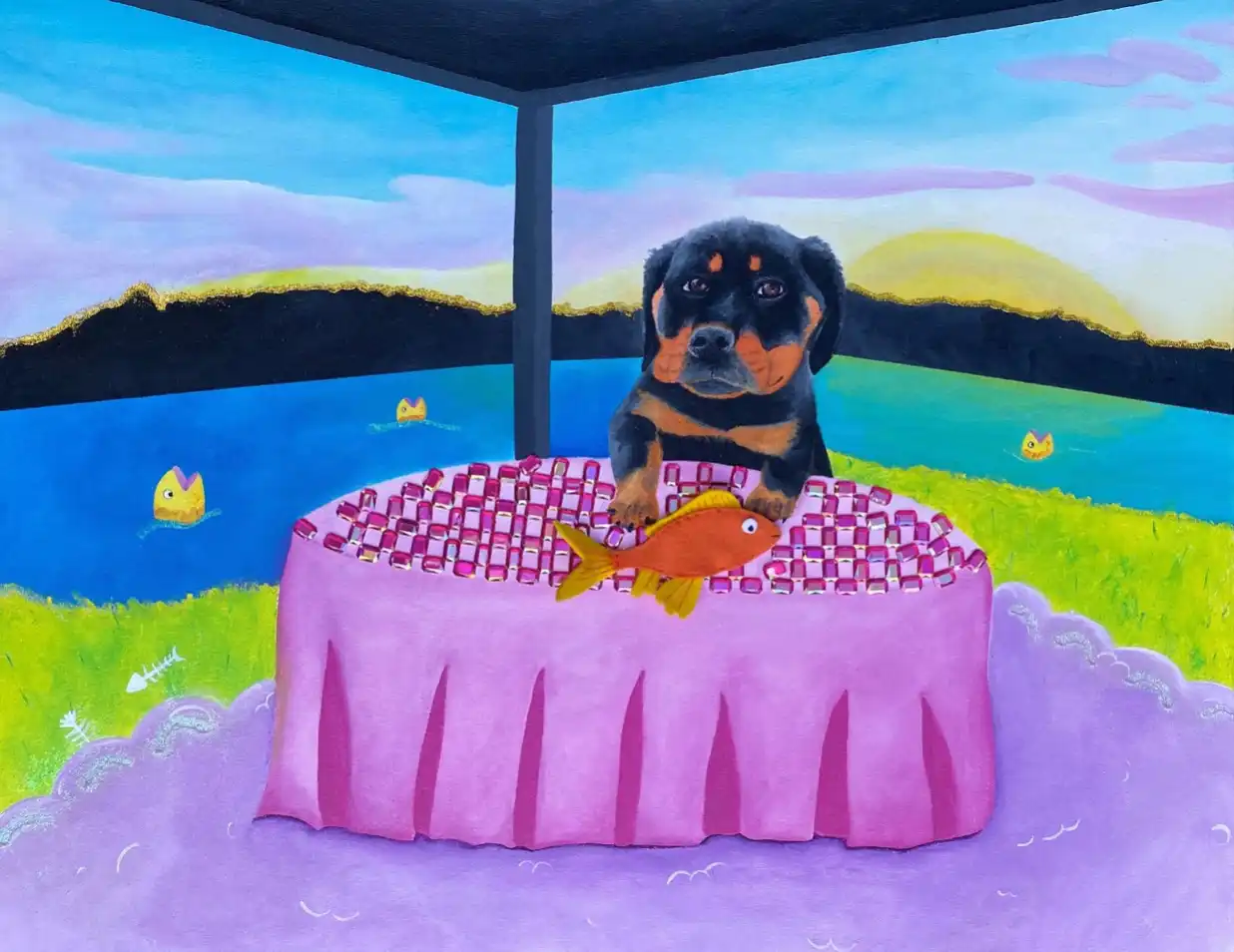 A dog sitting at a table in a pavillion about to eat a fish
