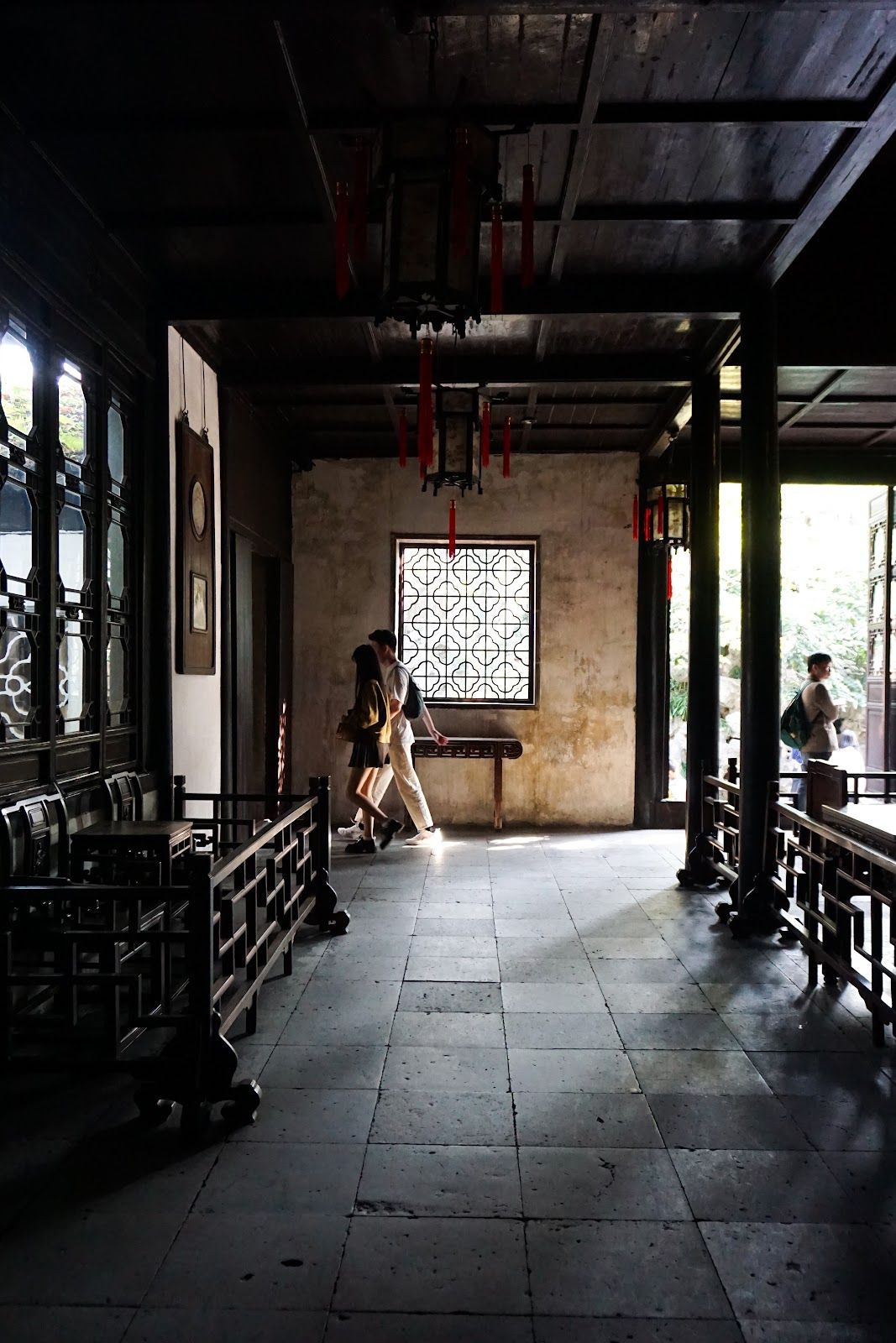 A rectangular room with people