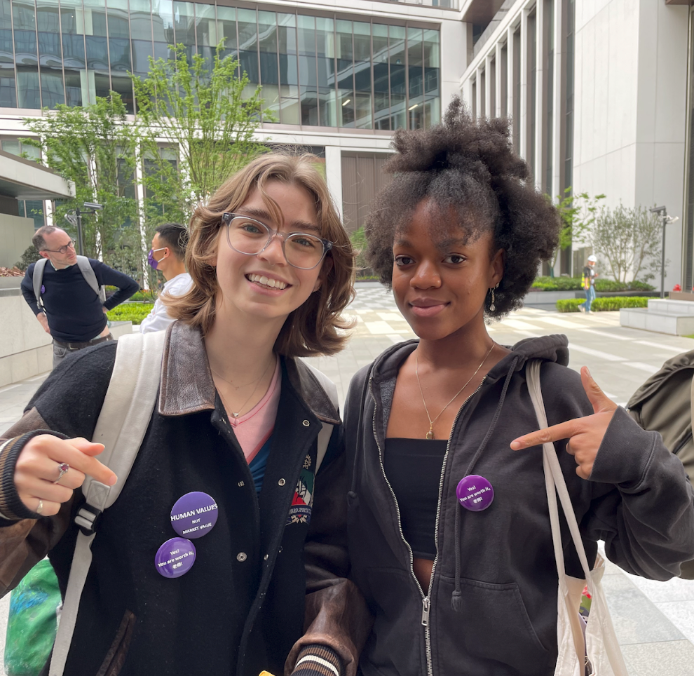 Students wearing buttons in support of the Chinese Language Lecturers