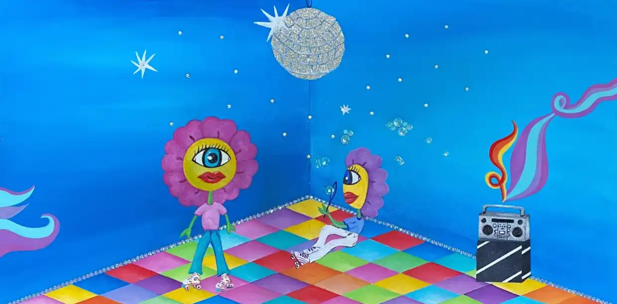 Abstract drawing of humanoid flower characters in a disco club