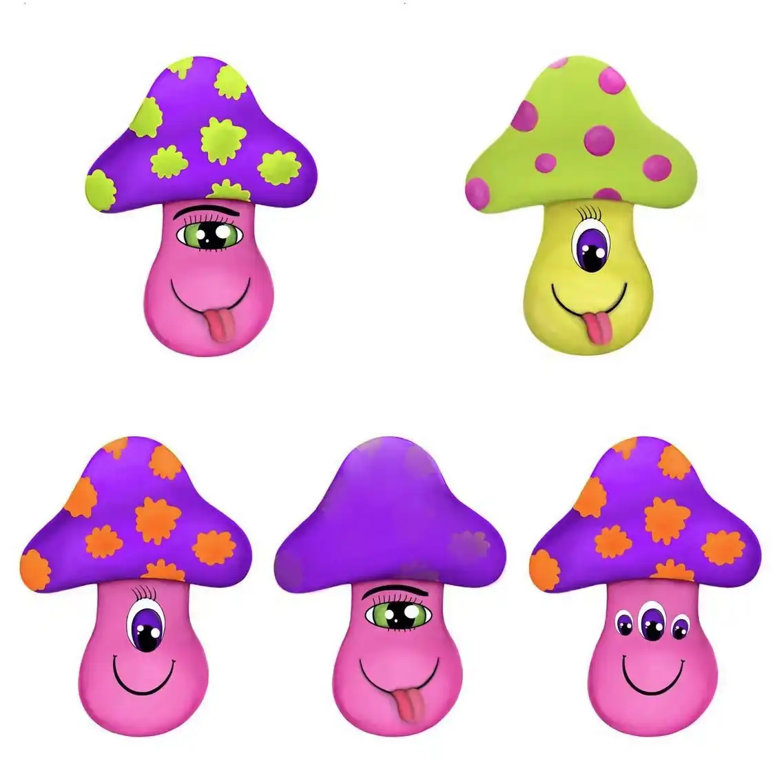 Drawing of five mushroom cartoons