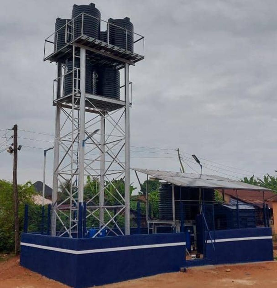 30,000-litre-capacity solar water system with full water filtration systems, recently installed in Umuahia, Abia State.