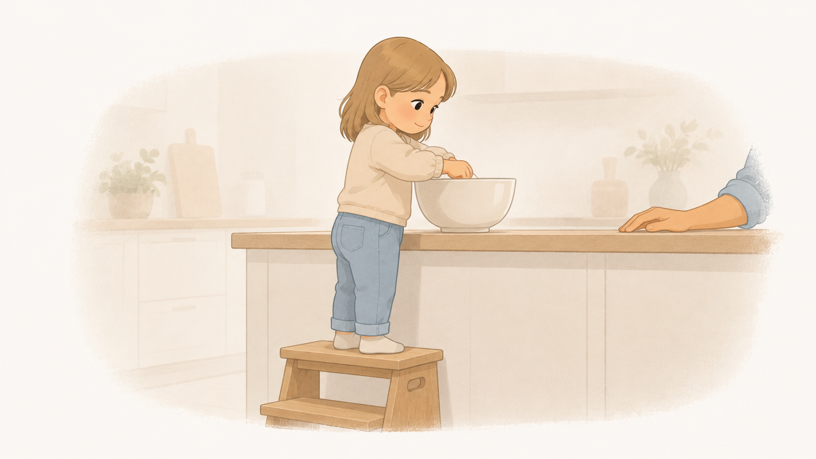 Young child on a step stool stirring a bowl at the counter while an adult's hand rests nearby
