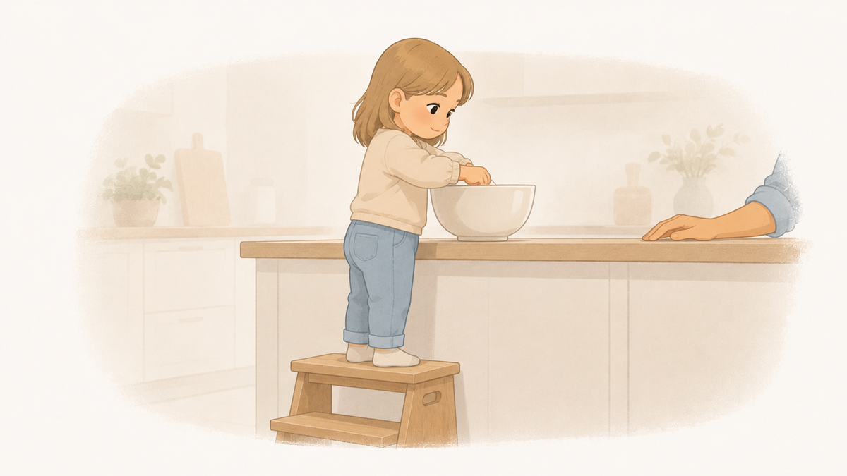 Young child on a step stool stirring a bowl at the counter while an adult's hand rests nearby