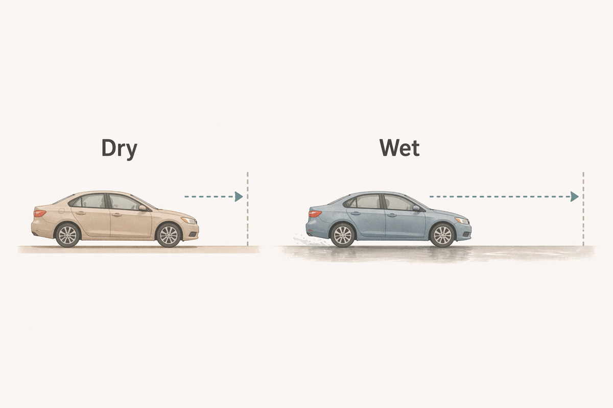 Side-by-side diagram showing shorter stopping distance on dry road versus longer stopping distance on wet road.