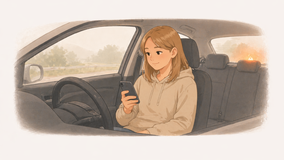 Teen sitting in a car on the side of a road with hazard lights on, calmly on the phone