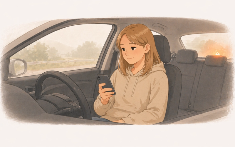 Teen sitting in a car on the side of a road with hazard lights on, calmly on the phone
