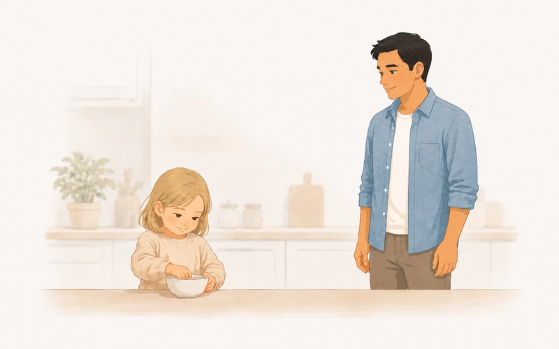Parent standing back with hands at their sides while a child works on a task alone