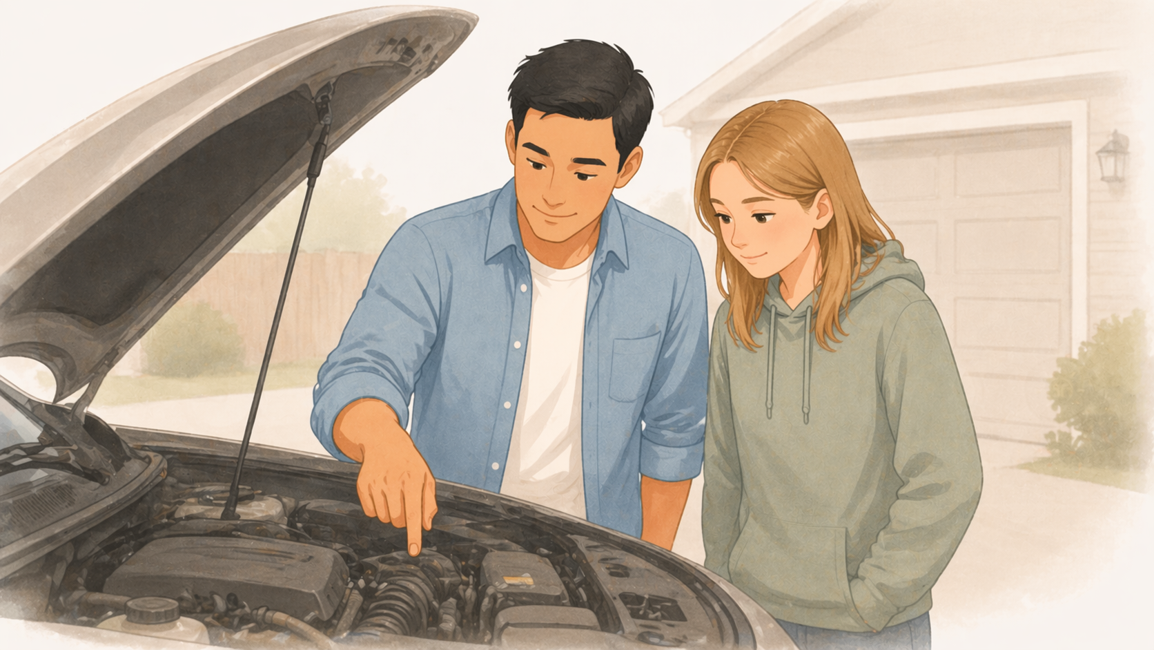 Dad showing a teen daughter the basics under the hood of a car in a driveway