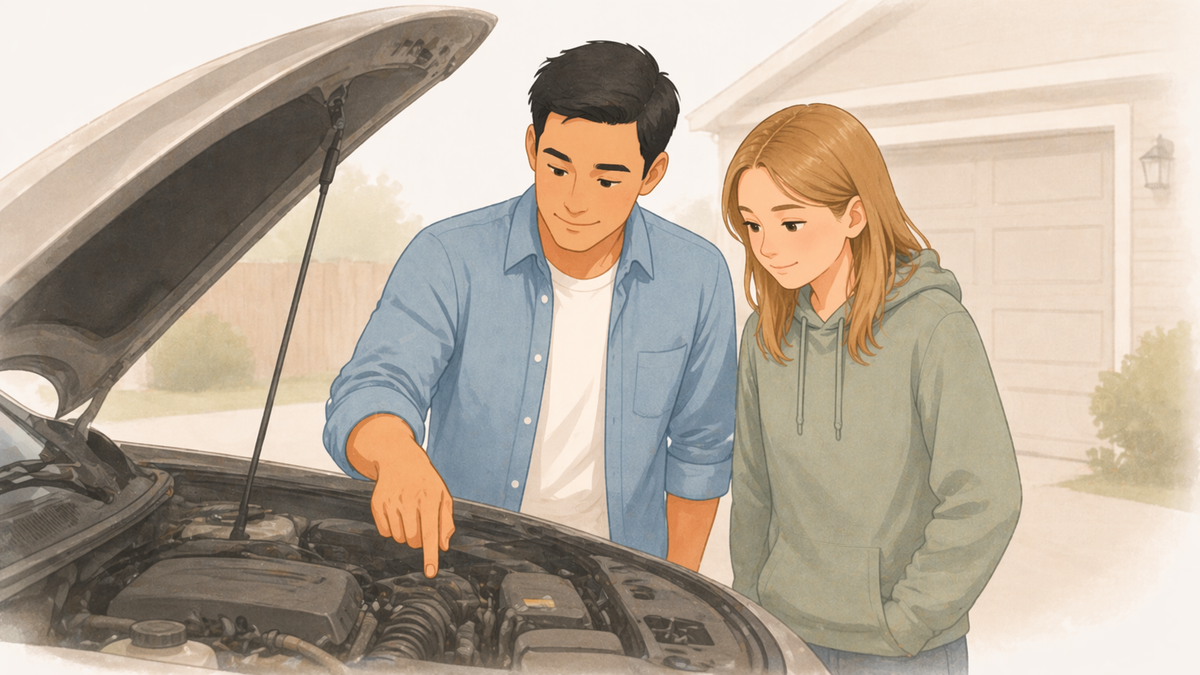 Dad showing a teen daughter the basics under the hood of a car in a driveway