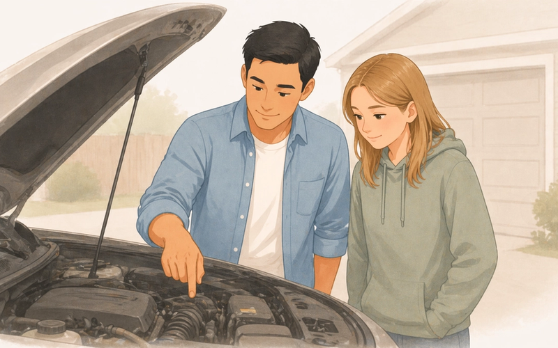 Dad showing a teen daughter the basics under the hood of a car in a driveway