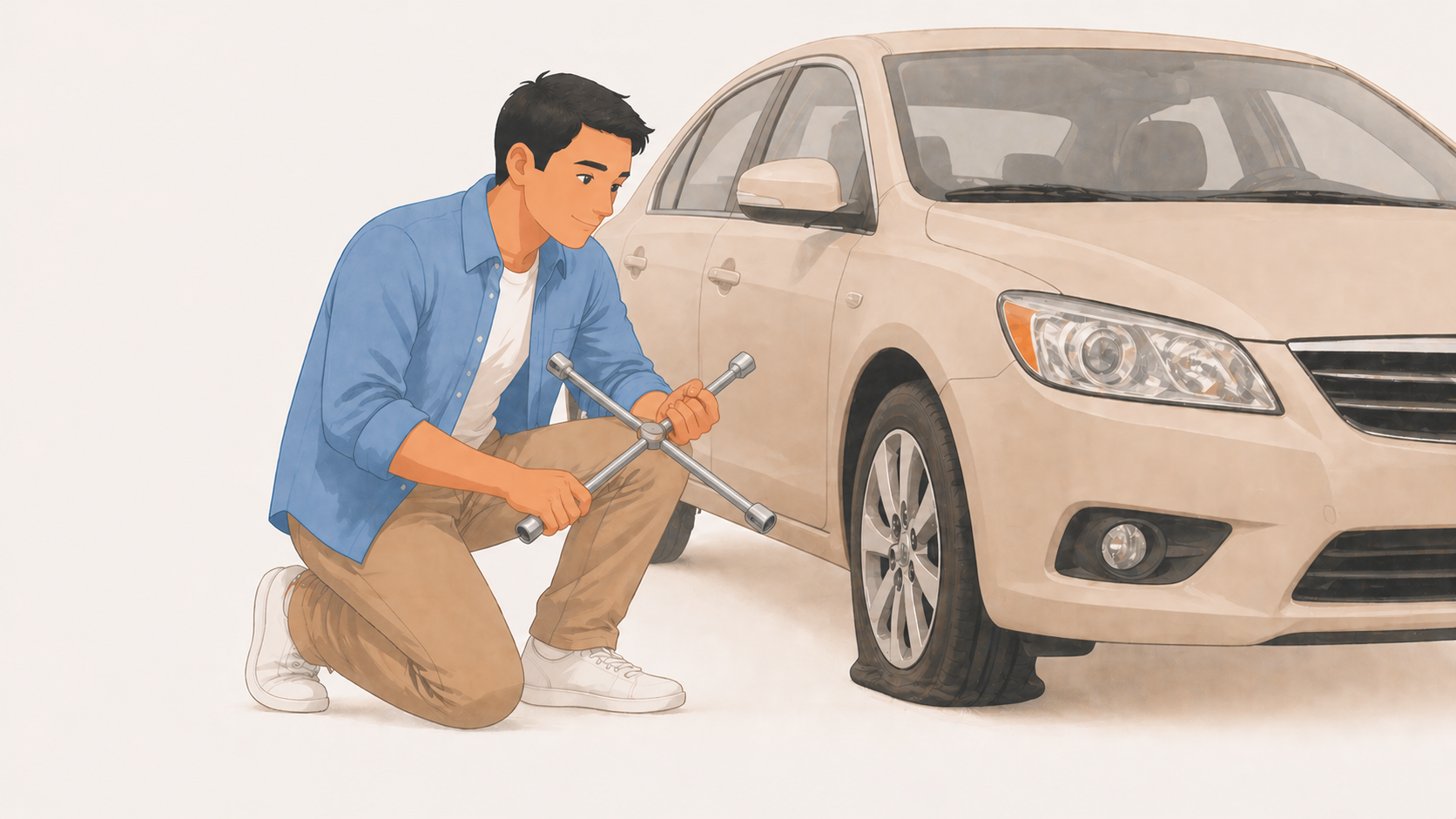 Person kneeling beside a car with a flat tire, using a lug wrench on the wheel
