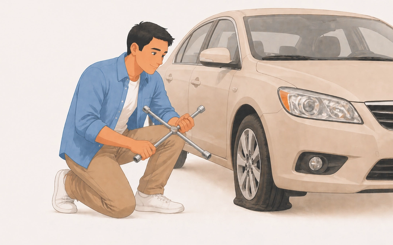 Person kneeling beside a car with a flat tire, using a lug wrench on the wheel