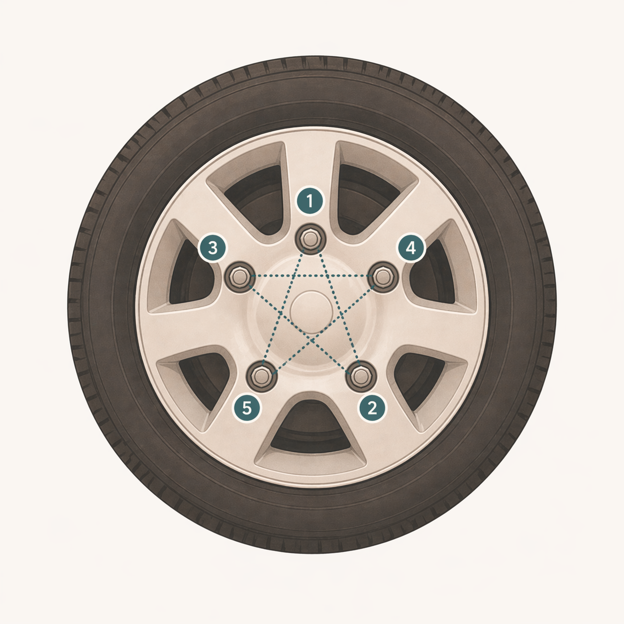 Overhead diagram of a wheel showing the star pattern for tightening lug nuts, numbered 1 through 5.