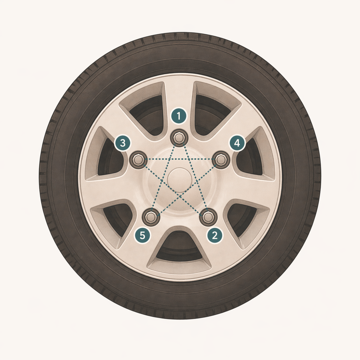 Overhead diagram of a wheel showing the star pattern for tightening lug nuts, numbered 1 through 5.
