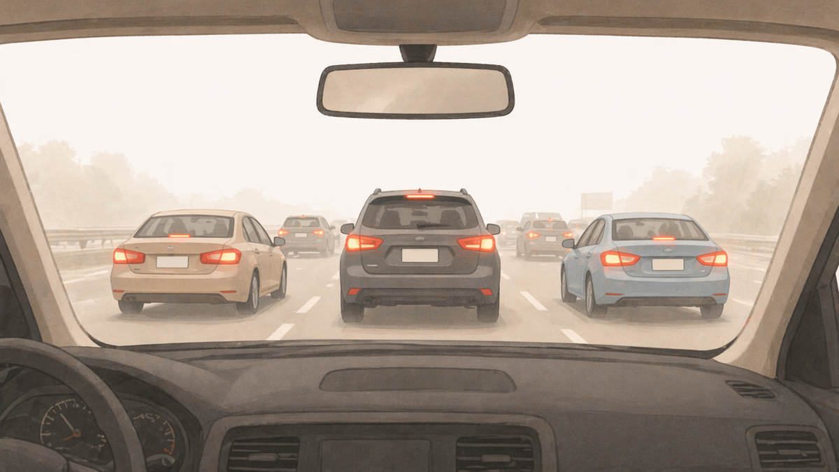 View from inside a car of traffic ahead with several vehicles braking and moving through lanes.