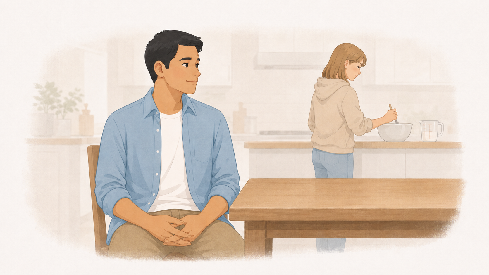 Parent sitting with hands resting in their lap while a teenager works on a task nearby.
