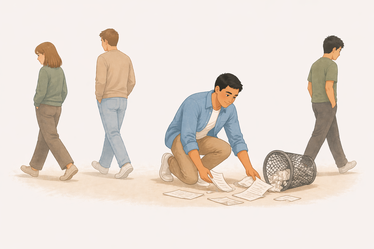 Person handling a task that others walked past or left undone.