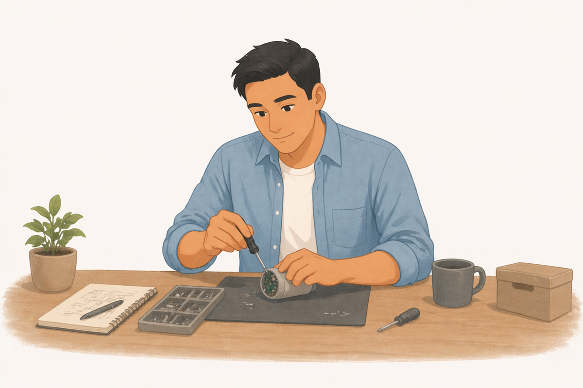 Person working through a problem carefully and methodically on their own.