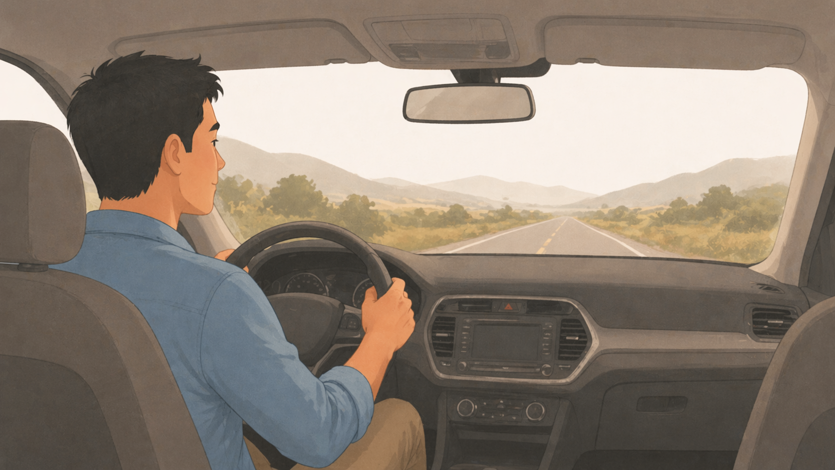 Person at the wheel of a car looking calmly down the open road ahead